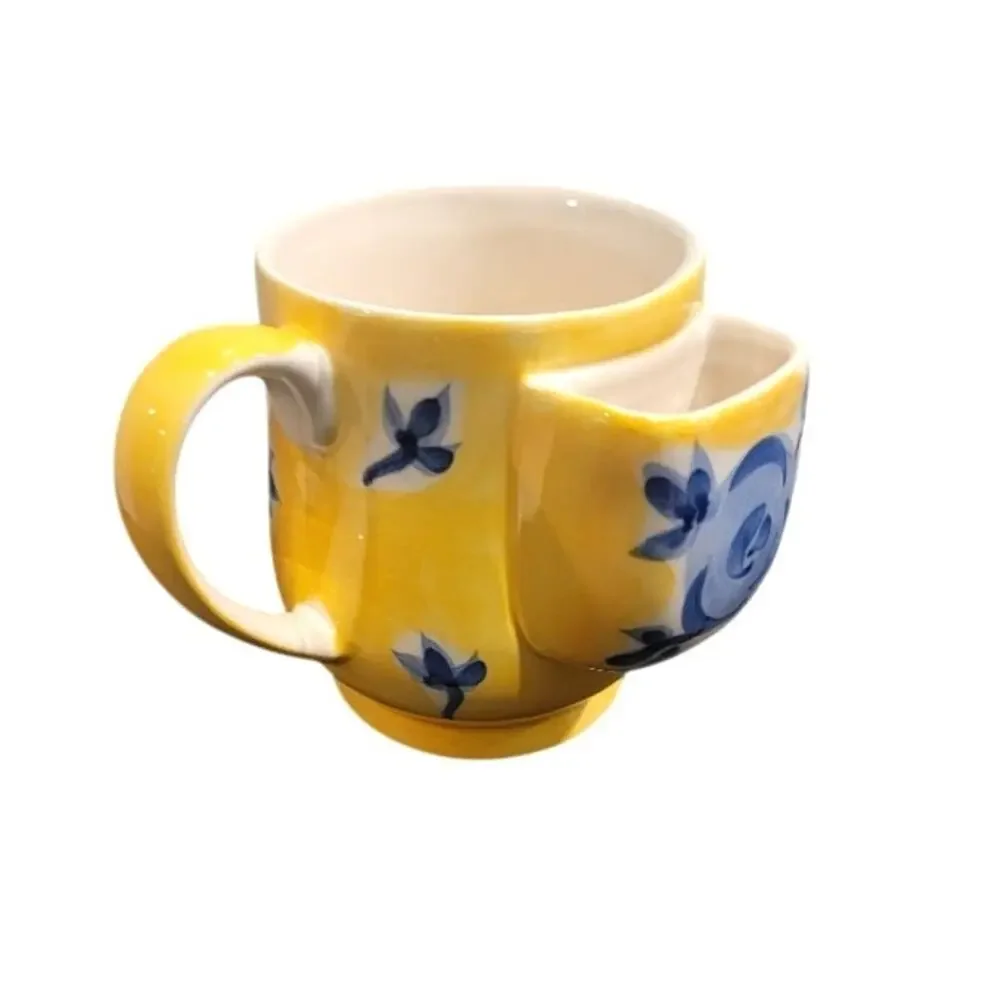 Hues N Brews Yellow Blue Ceramic Mug with‎ Side Teabag Pocket, Floral Design